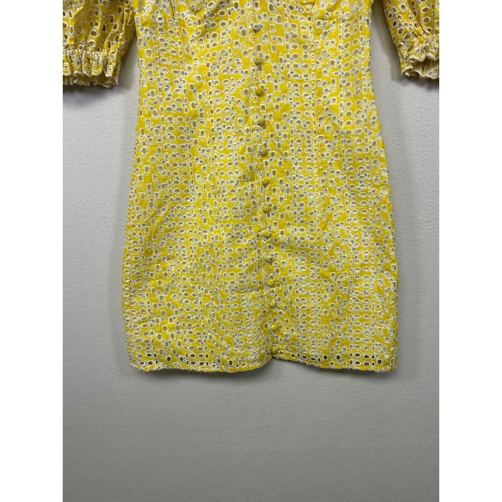 Cottagecore LINI Women XS Yellow Floral Eyelet Puff Sleeve Mini Dress Sweetheart - Picture 10 of 11